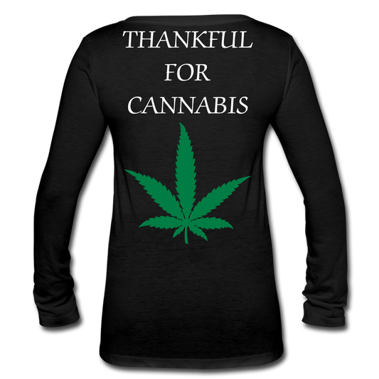 Thankful For Cannabis Women’s Long Sleeve  V-Neck Flowy Tee - black