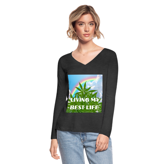 Living My Best Life Ladies Long Sleeve  V-Neck Flowy Tee - deep heather